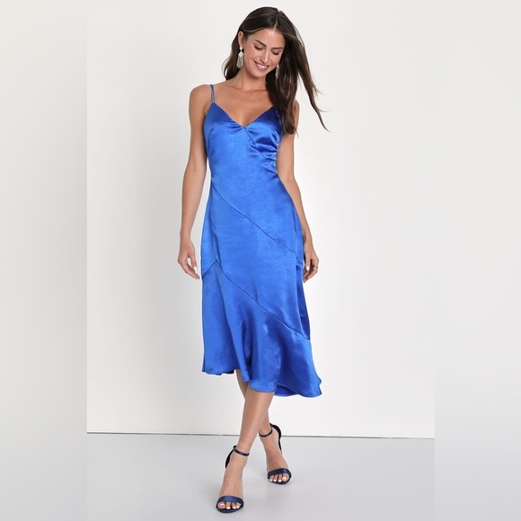 Lulus Dresses & Skirts - NEW Lulus Instinct Cobalt Asymmetrical Slip Midi Dress Blue Satin Small NWT